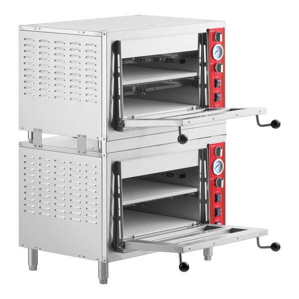 A stainless steel quadruple deck countertop pizza and bakery oven with red control panels and open doors.