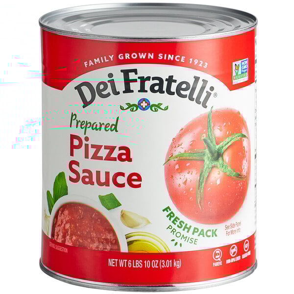 A Dei Fratelli #10 can of prepared pizza sauce.