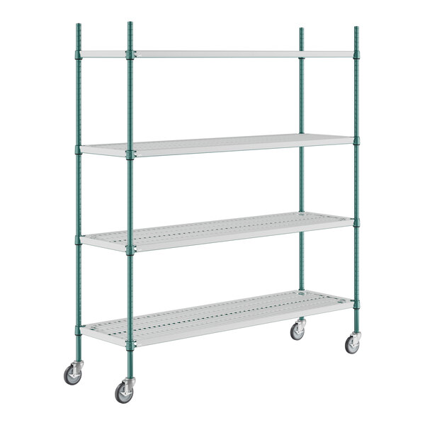 A white wire shelving unit with green epoxy shelves and casters.