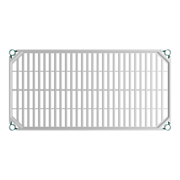 A rectangular metal shelf with a grid pattern and green clips at each corner.
