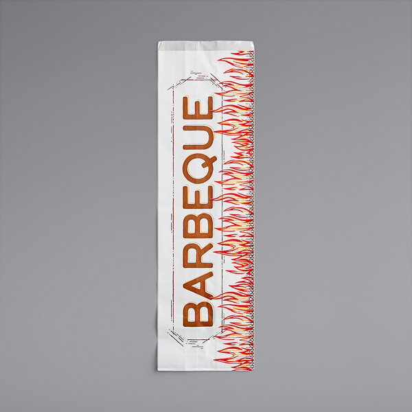A white paper Choice BBQ bag with orange "barbecue" letters and flames.