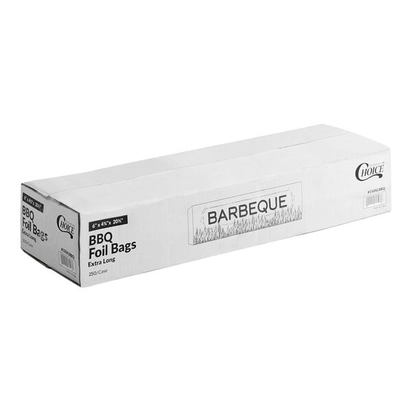 A box of Carnival King insulated foil BBQ and rib bags, 6" x 4 3/4" x 20 1/2", containing 250 bags per case.