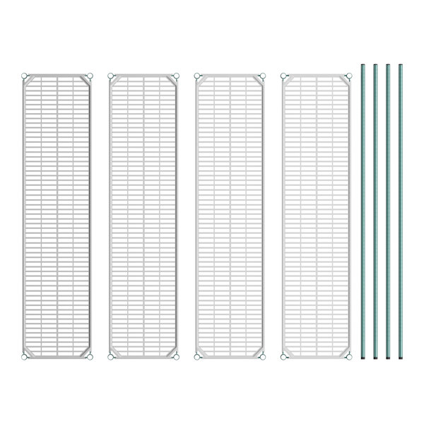 A white rectangular wire shelving unit with four shelves.