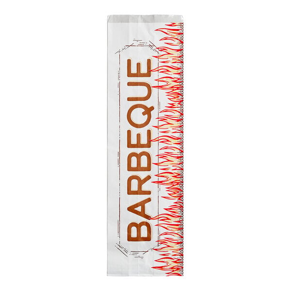 A white insulated foil bag with the word 'BARBEQUE' printed vertically and a red flame design along one side.