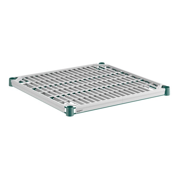 A square, grid-patterned shelf with a green and white frame and green corner caps, shown on a white background.