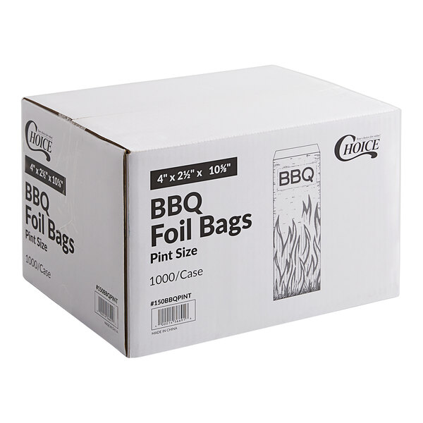 A box of Choice brand pint size BBQ foil bags, measuring 4" x 2 1/2" x 10 5/8", with 1000 bags per case.