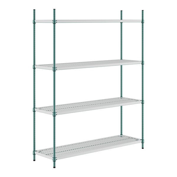 A green wire shelving unit with green metal rods and four shelves.