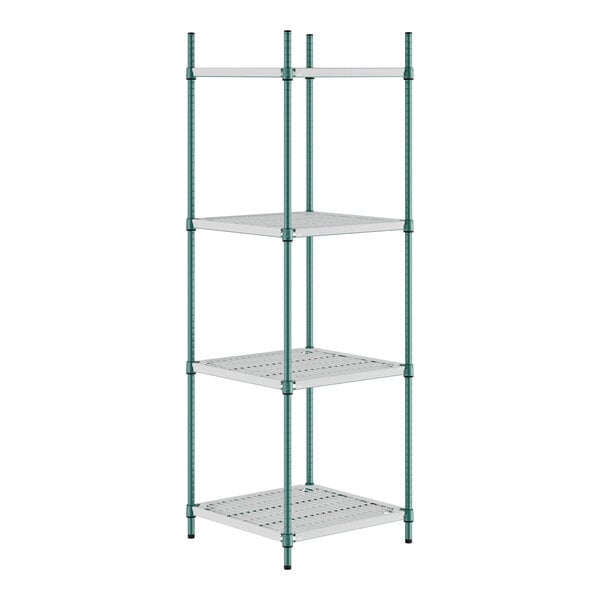 A white wire shelving unit with green Regency+ drop mats on four shelves.