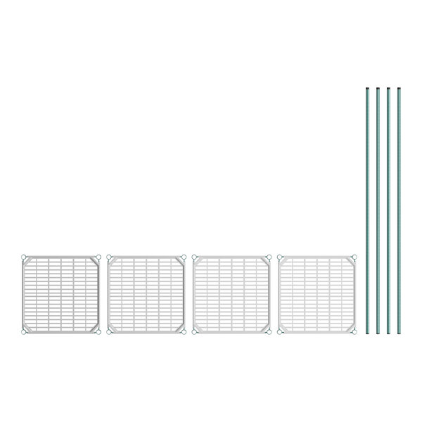 A white metal grid shelf with green epoxy polymer drop mats.
