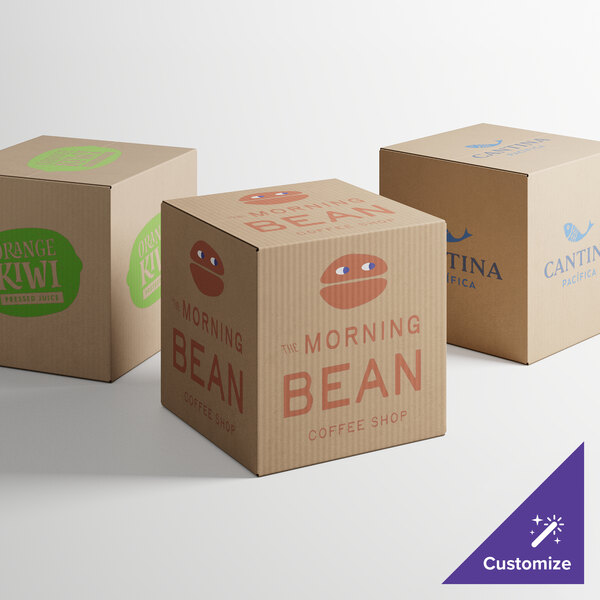 A group of Lavex Kraft shipping boxes with different designs.