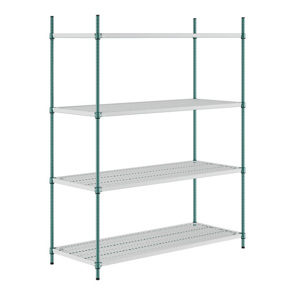 A white wire shelving unit with green epoxy shelves and metal rods.