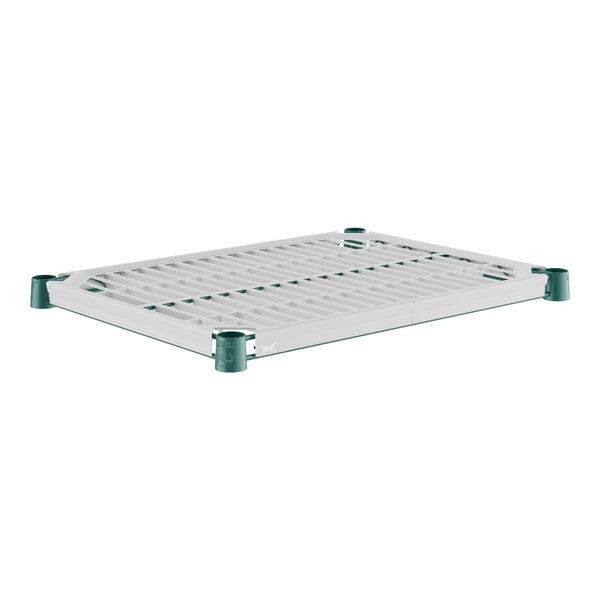 A Regency green epoxy metal shelf with a white polymer drop mat.