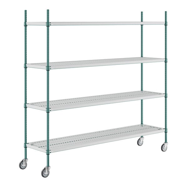 A white wire shelving unit with green epoxy shelves and casters.