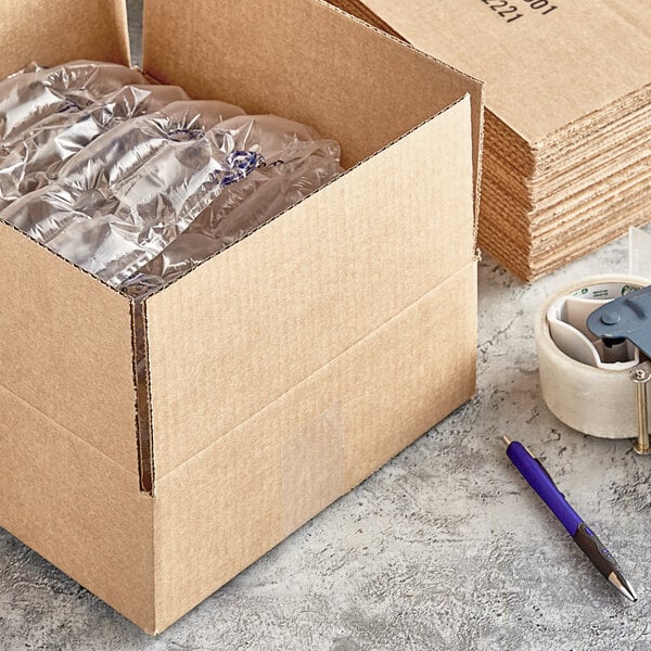 A Lavex kraft corrugated shipping box with clear plastic bags inside next to a stack of cardboard boxes.