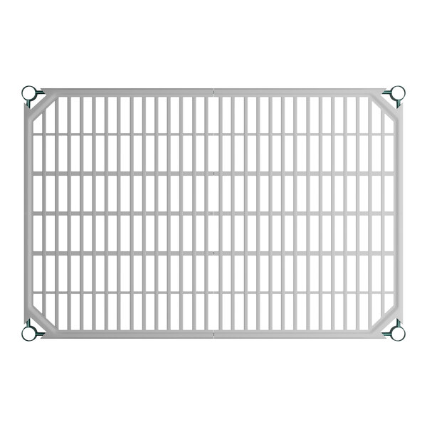 A close-up of a green Regency metal shelf with metal bars.