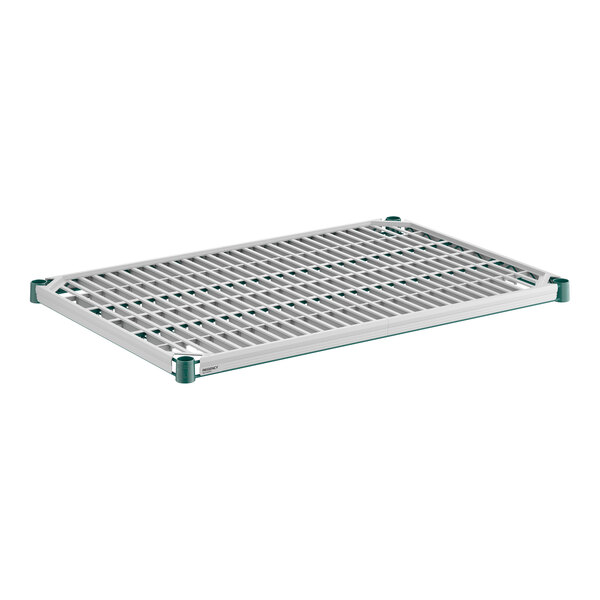 A rectangular, slatted shelf with a green and white frame and green corner caps, shown on a white background.