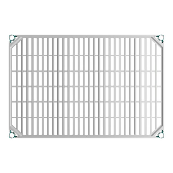 A rectangular metal grid shelf with green plastic clips at each corner, viewed from above.