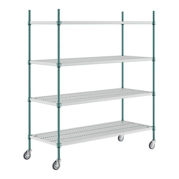 A white wire shelving unit with green casters.