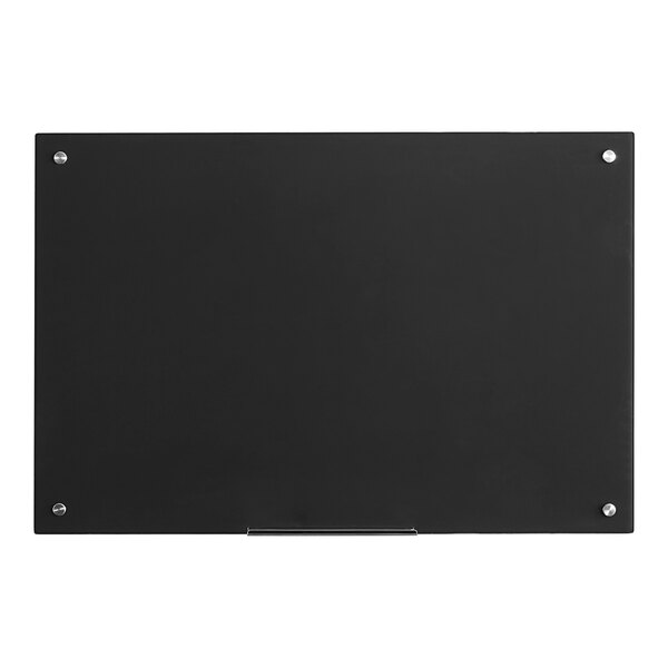 A Dynamic by 360 Office Furniture black glass dry erase board with a metal border.
