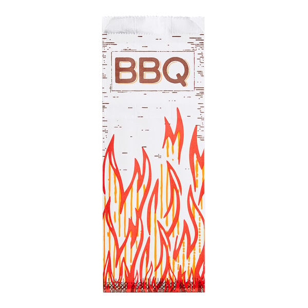 A white insulated foil BBQ bag with red and yellow flame graphics and the word 'BBQ' printed at the top.