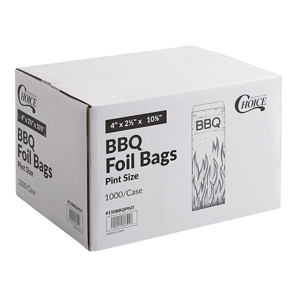 A case of 1,000 pint size insulated foil BBQ bags measuring 4 inches by 2 1/2 inches by 10 5/8 inches.