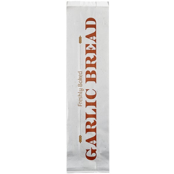 A white bag with brown text that reads "Garlic Bread" on a white background.
