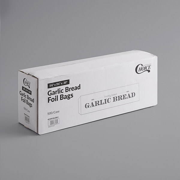 A white box with black text reading "Garlic Bread" inside a white insulated foil bag with black text reading "Garlic Bread."