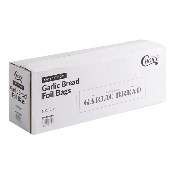 A box of Choice brand garlic bread printed insulated foil bags, measuring 5 1/4 x 3 1/4 x 20 inches, containing 500 bags per case.