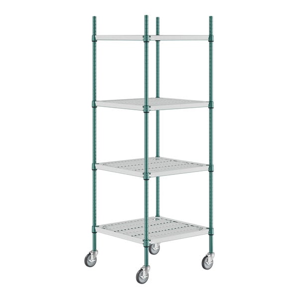 A green wire shelving unit with wheels.