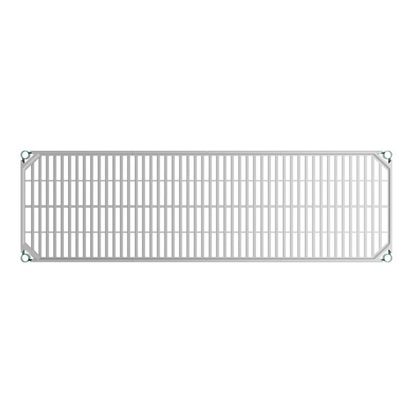 A rectangular metal shelf with a grid pattern and four corner attachments, viewed from above.