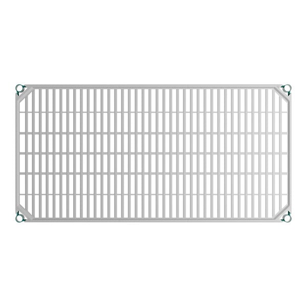 A rectangular metal shelf with a grid pattern and green corner accents, viewed from above.