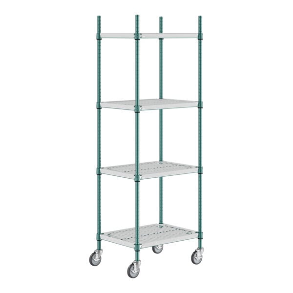 A green wire shelving unit with casters.