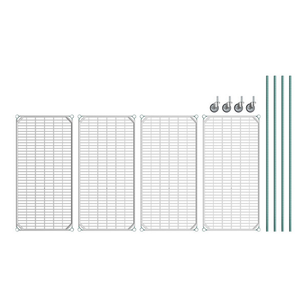 A set of rectangular white epoxy polymer wire shelves with green drop mats and casters.
