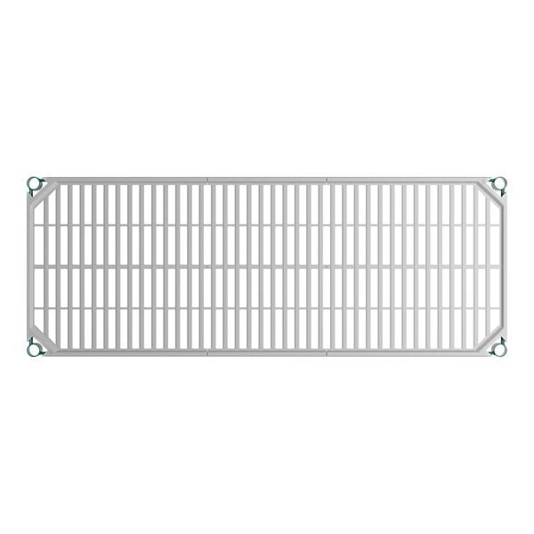 A rectangular metal shelf with a grid pattern and green circular attachments at each corner.