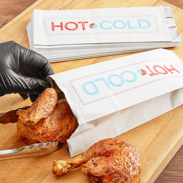 A person putting hot and cold food in a Choice insulated foil bag.