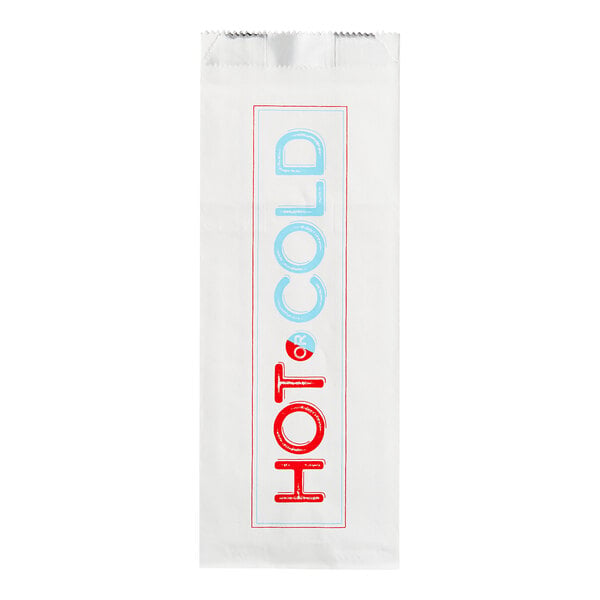 A white rectangular bag with the words 'HOT' in red and 'COLD' in blue printed vertically on the front.