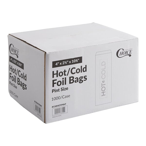 A large white cardboard box labeled 'Hot/Cold Foil Bags Pint Size' with product details and branding printed on the sides.