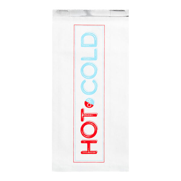 A white rectangular bag with a vertical design featuring the words 'HOT' in red and 'COLD' in blue, separated by a small red circle with 'OR' in white text.