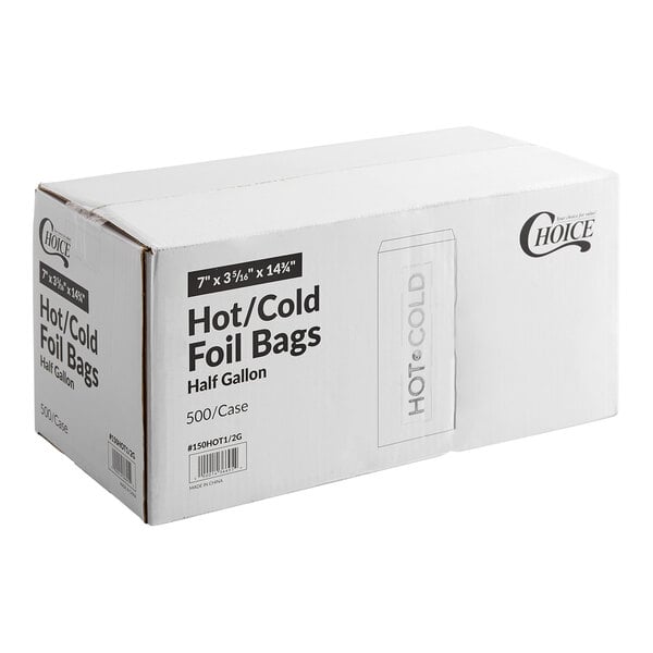 A white cardboard box labeled 'Hot/Cold Foil Bags Half Gallon' containing 500 bags per case.