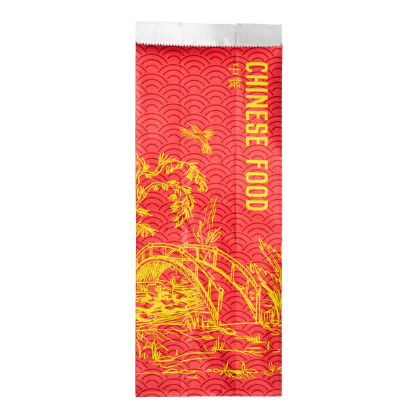 A red and yellow insulated foil bag labeled 'Chinese Food' with an illustrated bridge and landscape design.