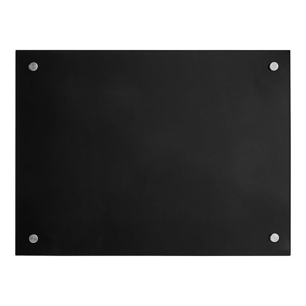 A black rectangular glass dry erase board with metal studs.