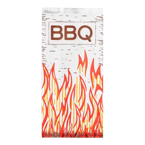 A white insulated foil BBQ bag with red and yellow flame graphics and the word 'BBQ' printed on it.