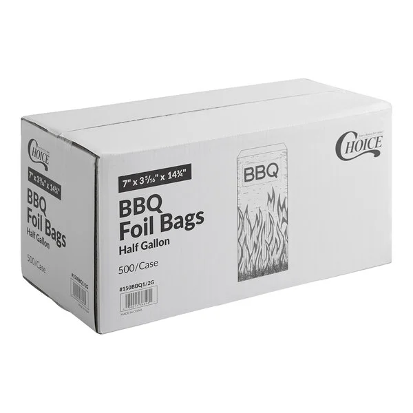 A case of 500 half-gallon insulated foil BBQ bags measuring 6 1/2 x 3 1/2 x 14 3/4 inches.