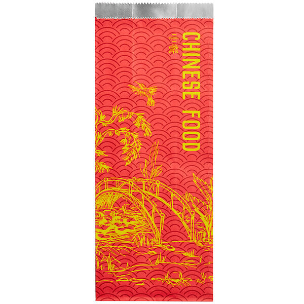 A red and yellow Emperor's Select Chinese insulated foil bag with trees and a bridge on the cover.