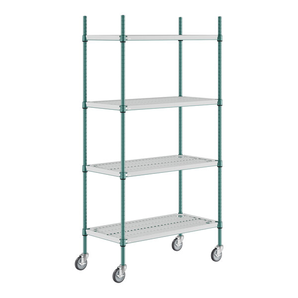 A green wire shelving unit with casters.