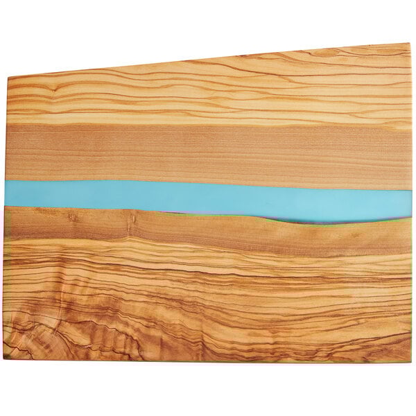 An American Metalcraft rectangular olive wood serving board with a blue polyresin streak.