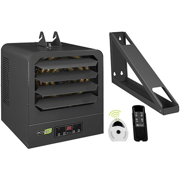 A black King Electric industrial unit heater with remote control.