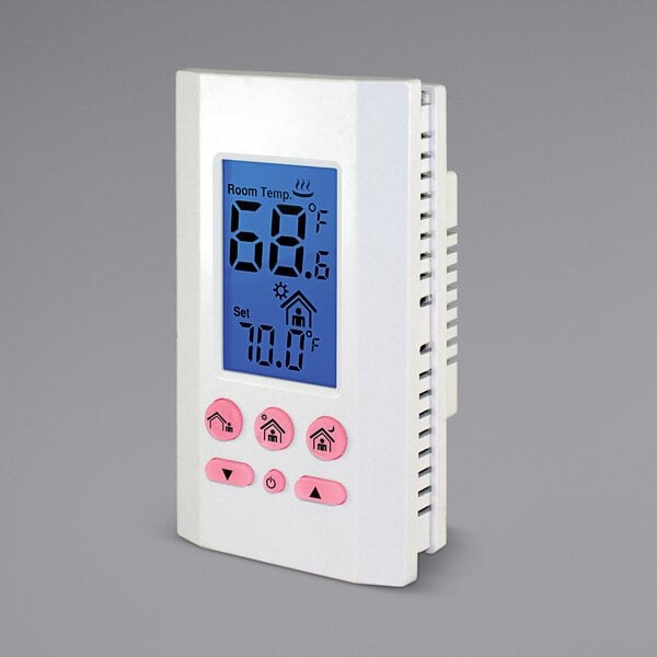 A white King Electric battery-powered thermostat with a blue screen.