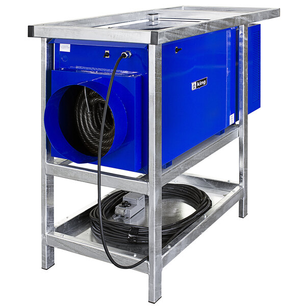 A blue King Electric portable outdoor-rated industrial heater on a metal stand with black wire.