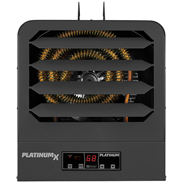 A black square King Electric PlatinumX series portable unit heater with a fan.